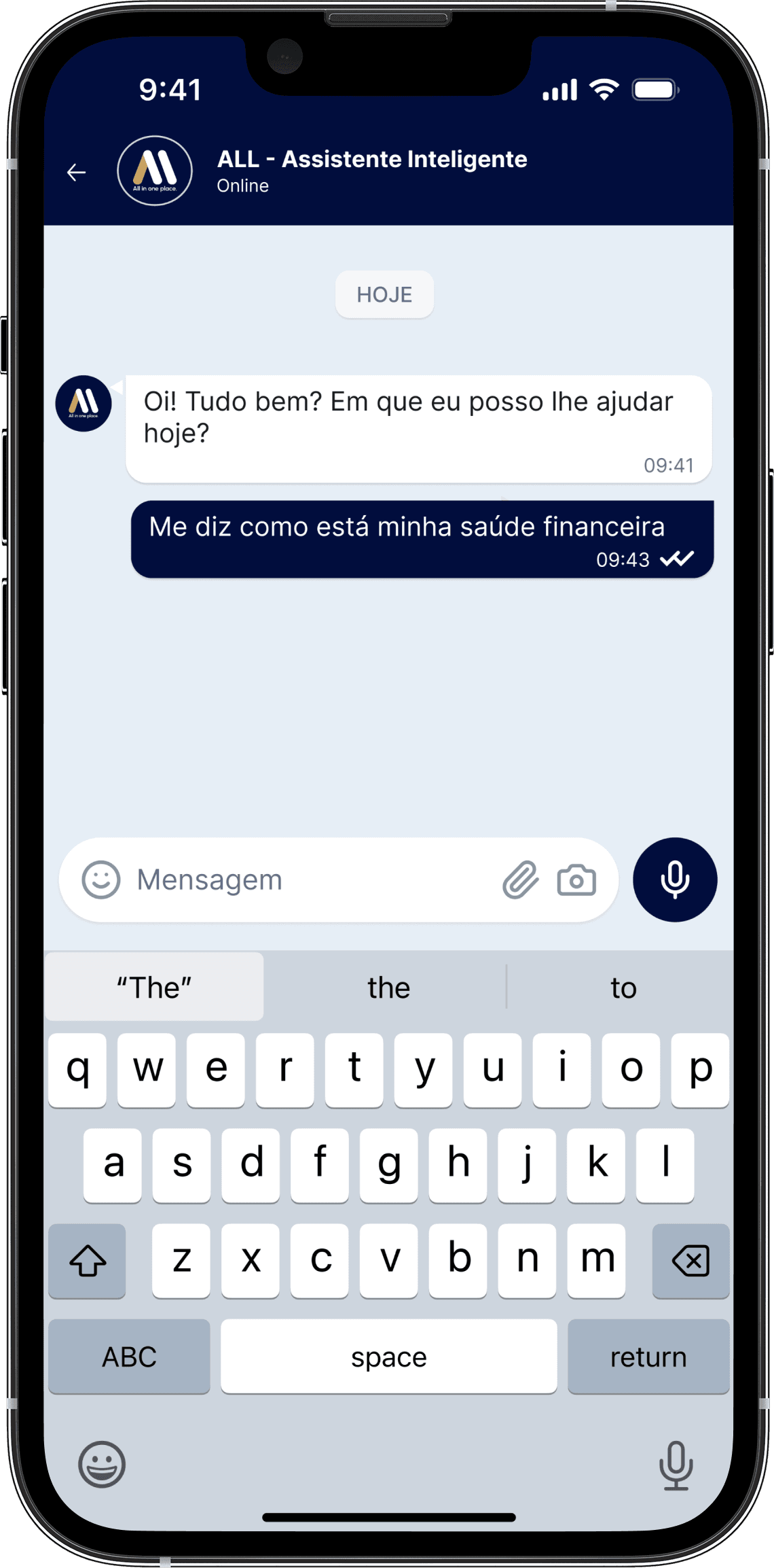 App ALL — assistente de IA por chat, com entendimento completo da sua situação financeira