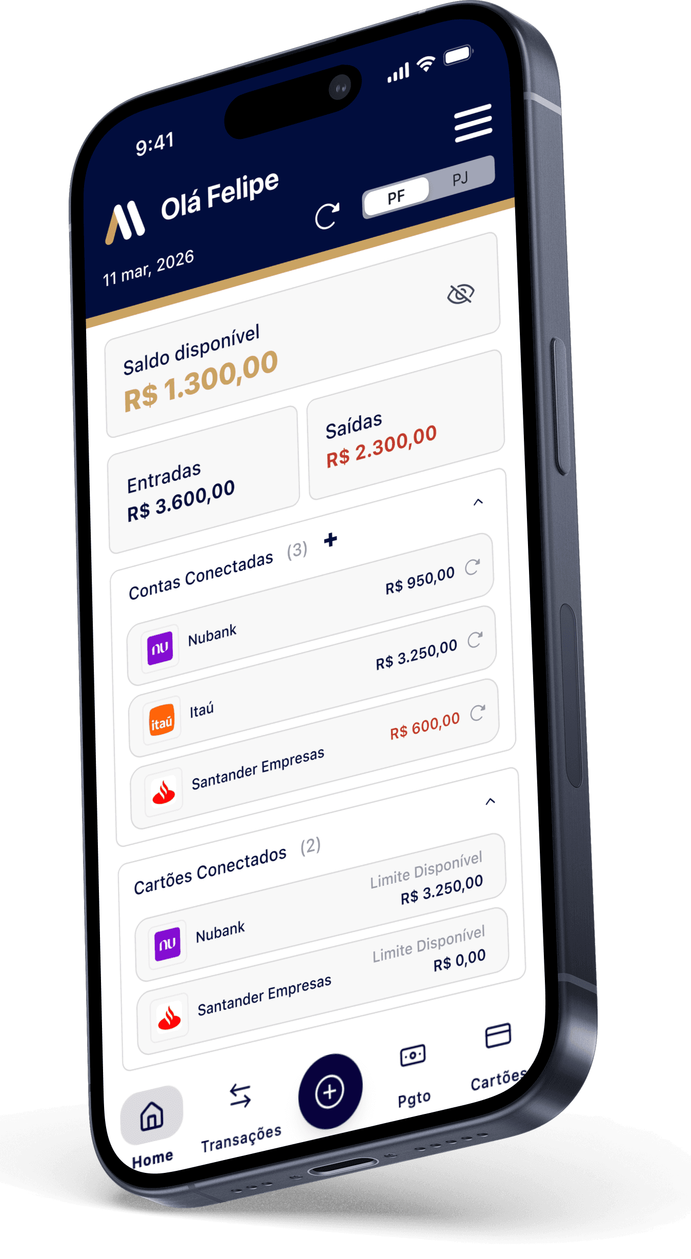 App ALL — saldo, entradas, saídas, contas e cartões de vários bancos conectados