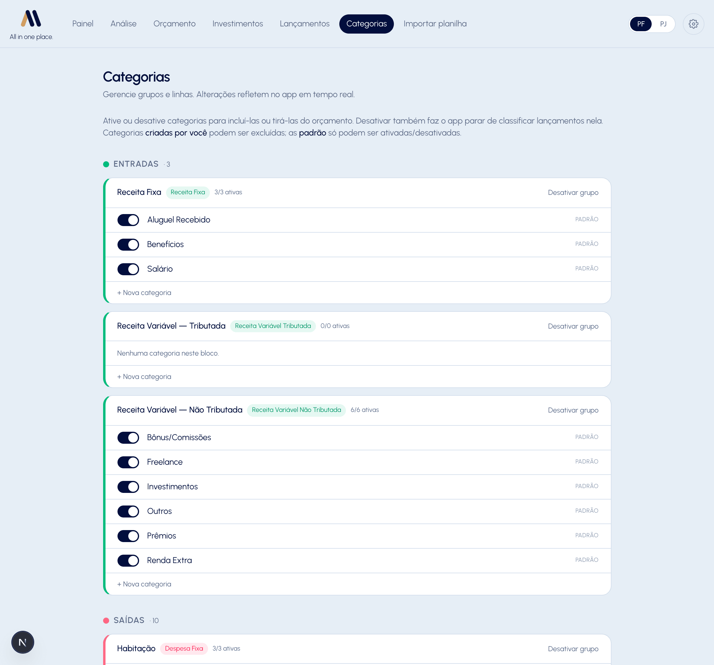 Portal ALL — Categorias: ativar/desativar e organizar por blocos (entradas e saídas)
