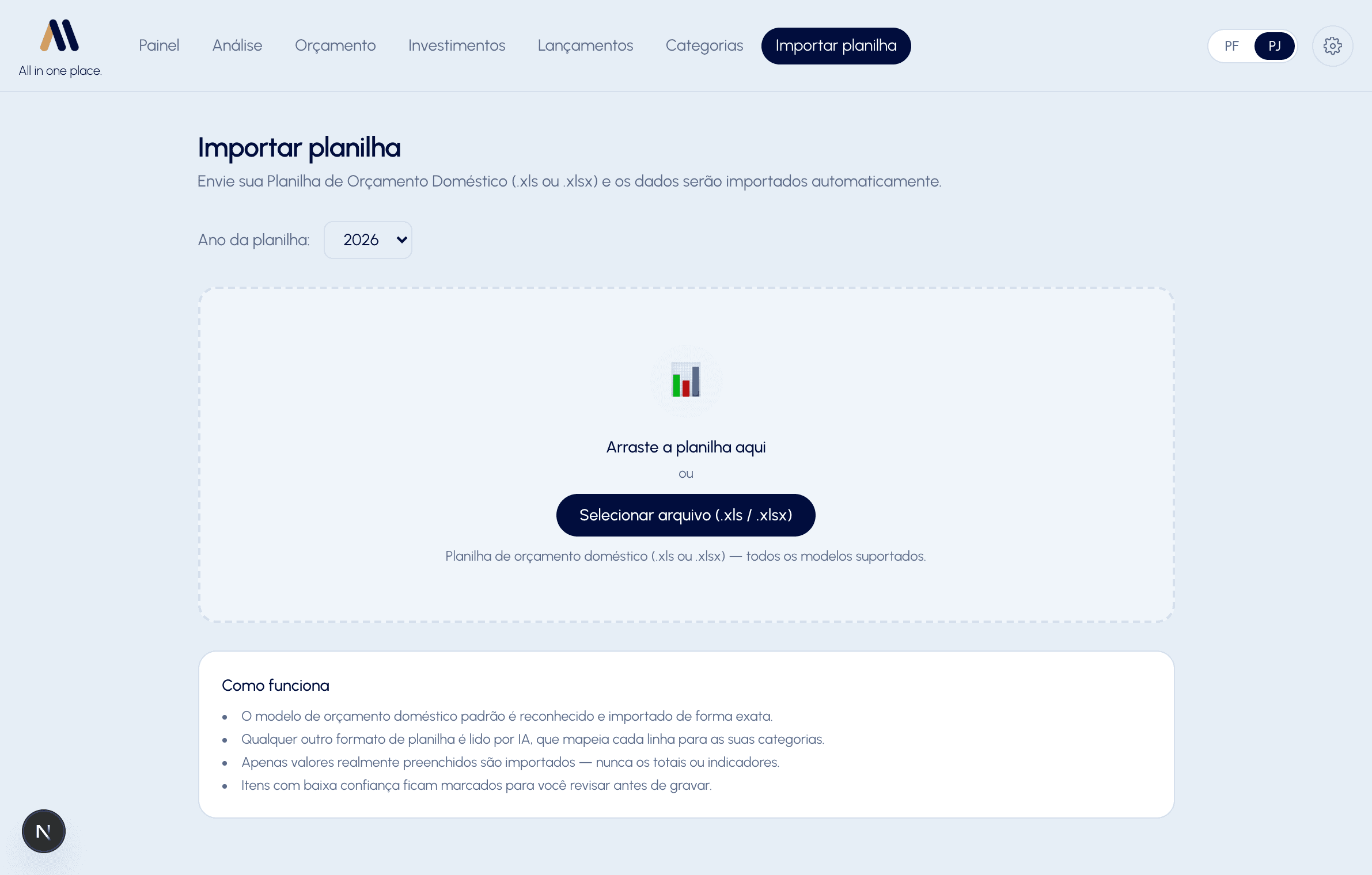 Portal ALL — Importar planilha: arraste o arquivo e a IA mapeia tudo para as categorias