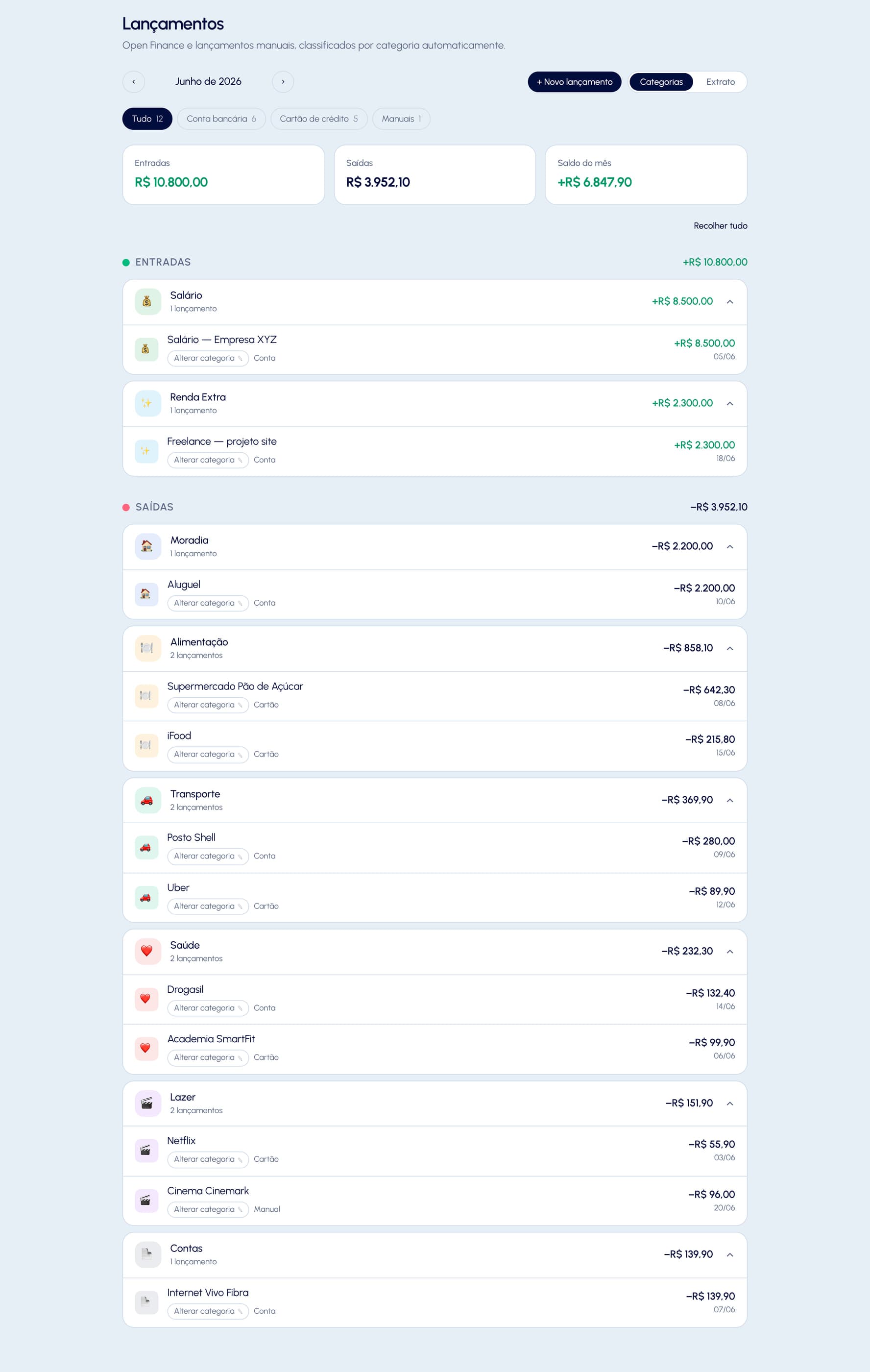 Portal ALL — Lançamentos agrupados por categoria, com entradas e saídas detalhadas