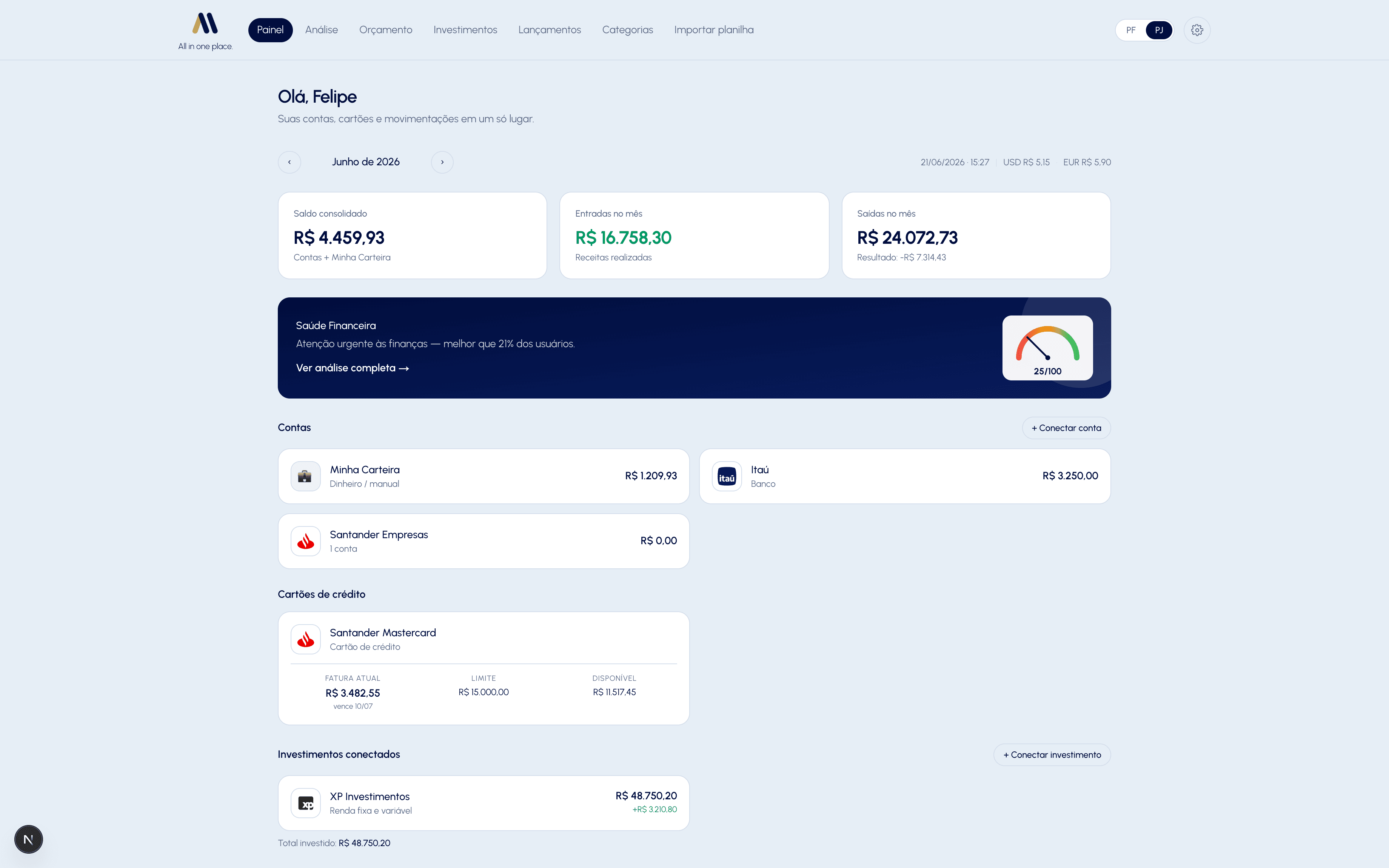 Portal ALL no computador — Painel com saldo, contas, cartões e investimentos