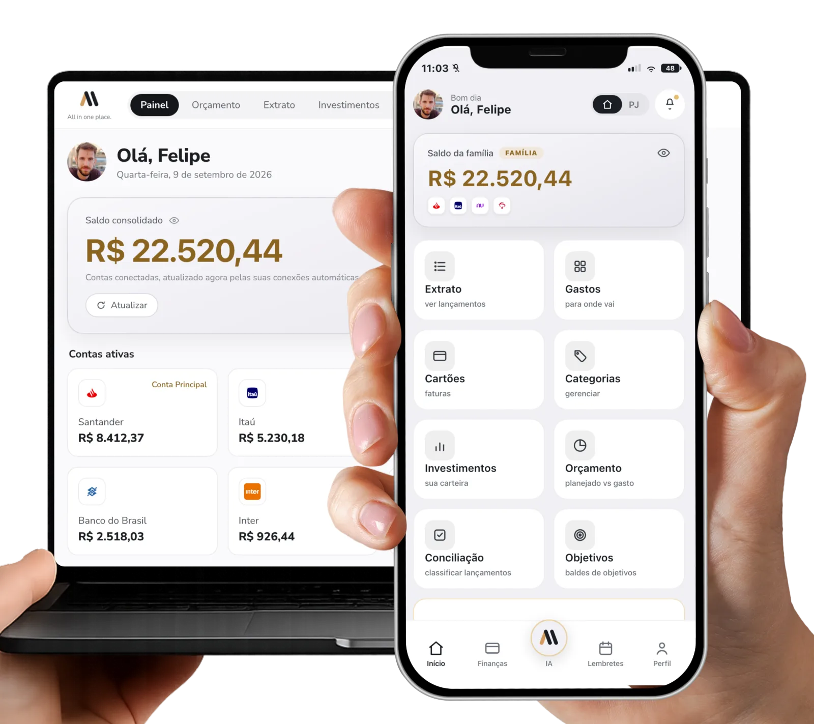 O portal da ALL no computador e o aplicativo no celular, lado a lado, com o mesmo saldo consolidado