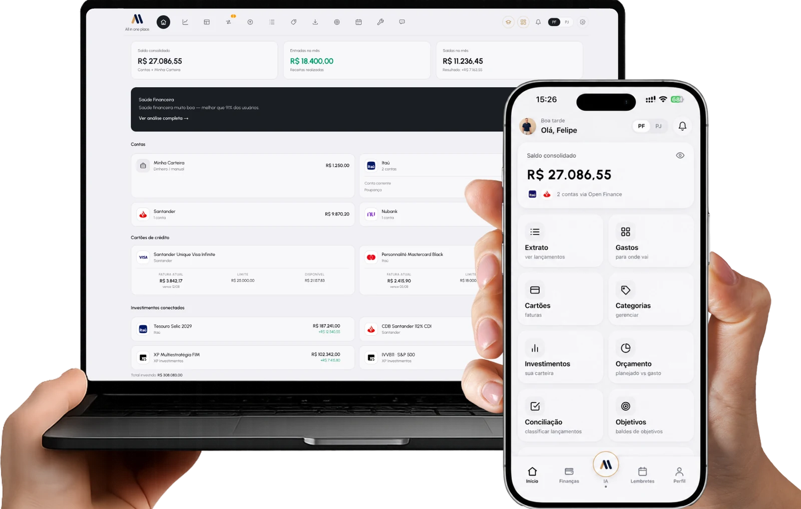 O portal da ALL no computador e o aplicativo no celular, com o mesmo saldo consolidado