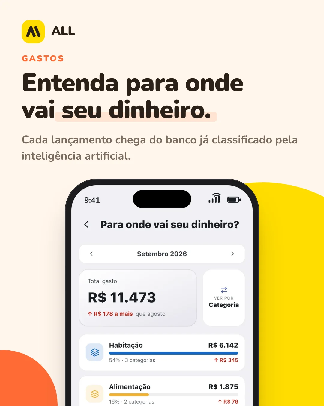 Gastos: Entenda para onde vai seu dinheiro. Cada lançamento chega do banco já classificado pela inteligência artificial.