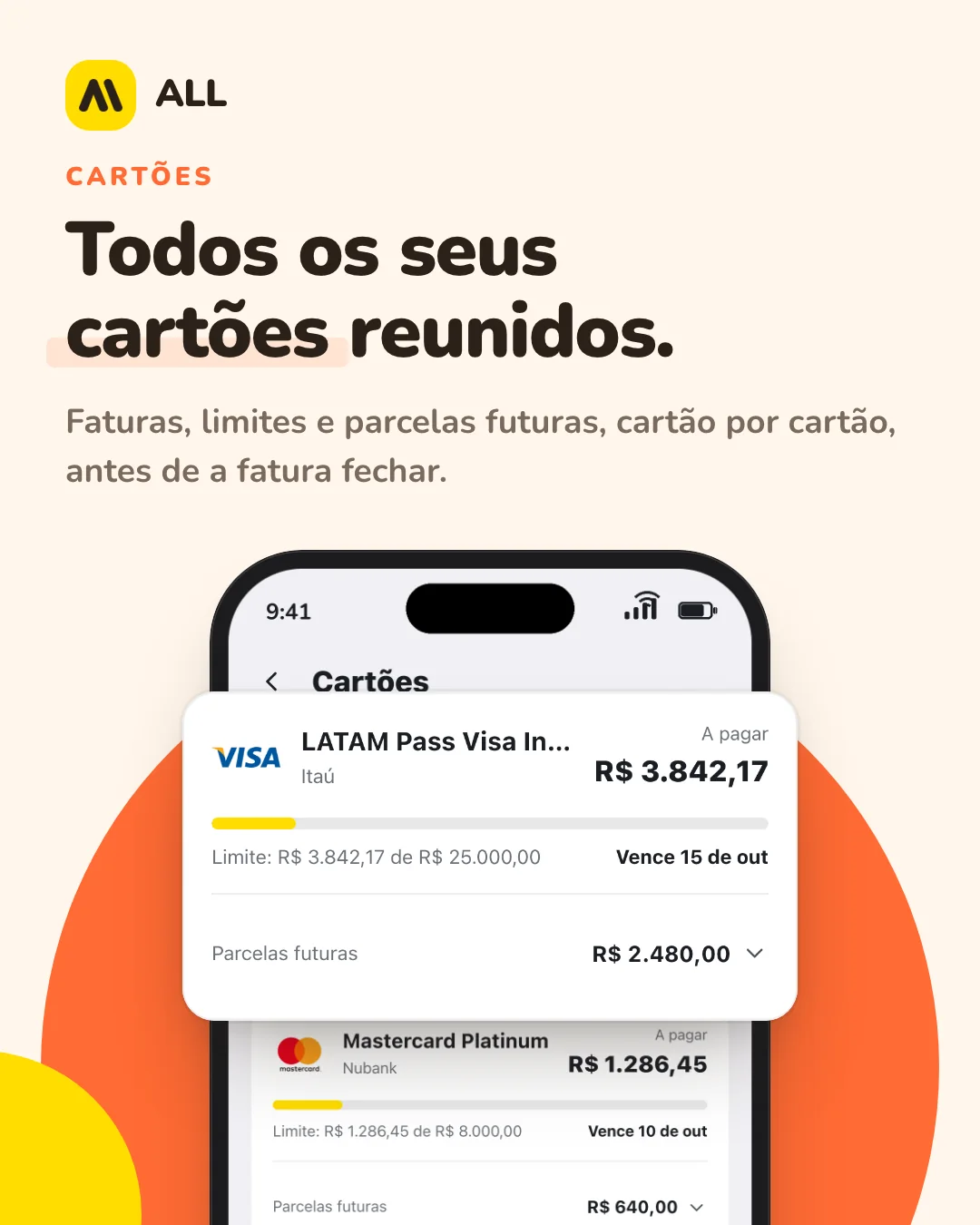 Cartões: Todos os seus cartões reunidos. Faturas, limites e parcelas futuras, cartão por cartão, antes de a fatura fechar.