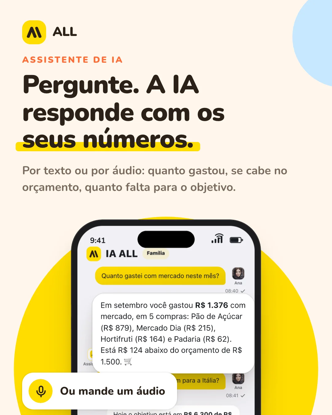 Assistente de IA: Pergunte. A IA responde com os seus números. Por texto ou por áudio: quanto gastou, se cabe no orçamento, quanto falta para o objetivo.