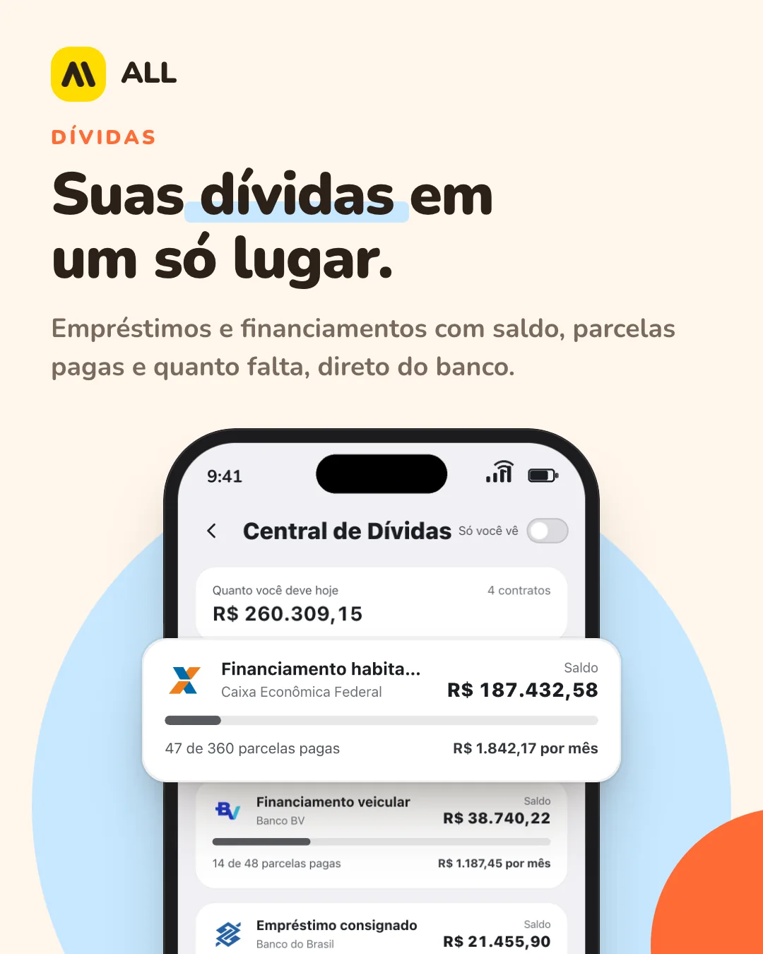 Dívidas: Suas dívidas em um só lugar. Empréstimos e financiamentos com saldo, parcelas pagas e quanto falta, direto do banco.