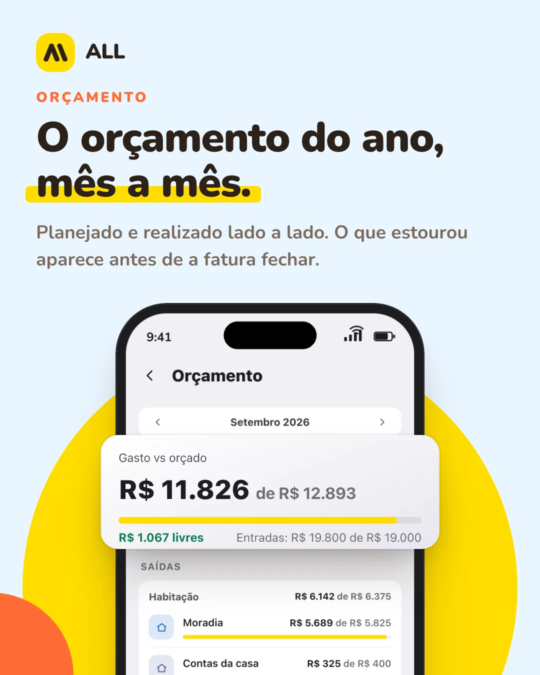 Orçamento: O orçamento do ano, mês a mês. Planejado e realizado lado a lado. O que estourou aparece antes de a fatura fechar.