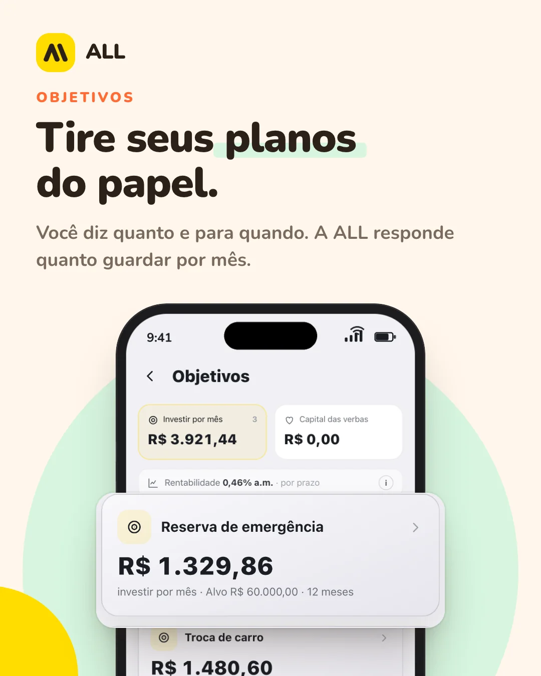 Objetivos: Tire seus planos do papel. Você diz quanto e para quando. A ALL responde quanto guardar por mês.