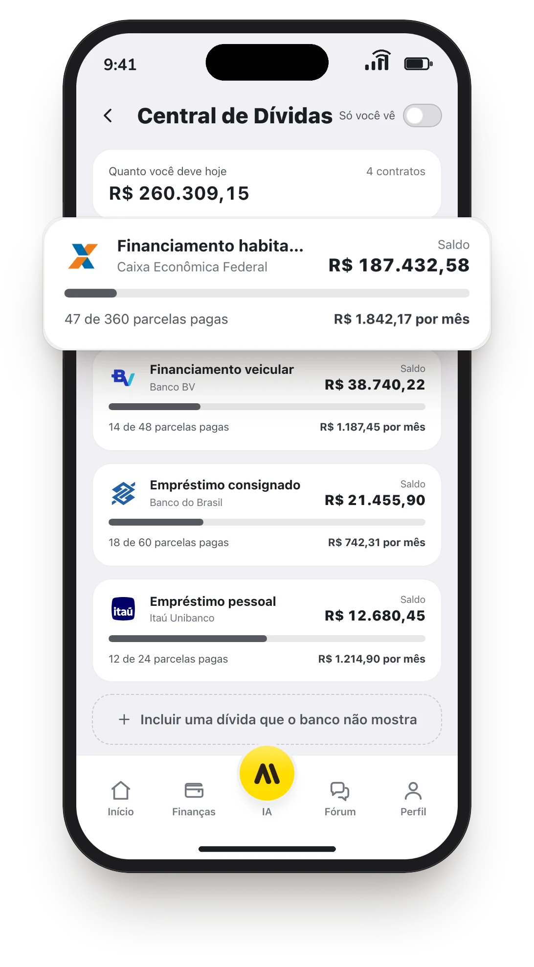 Central de dívidas com o financiamento habitacional em destaque: saldo de R$ 187.432,58 e 47 de 360 parcelas pagas