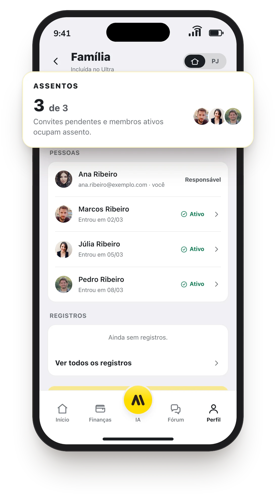 Tela Família com os assentos em destaque: 3 de 3 ocupados, e as pessoas da casa, cada uma com o próprio login