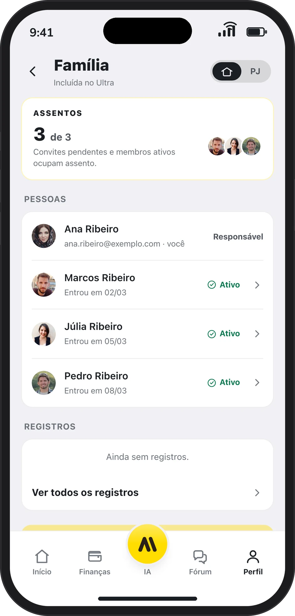 Tela Família: os assentos ocupados e as pessoas da casa, cada uma com o próprio login