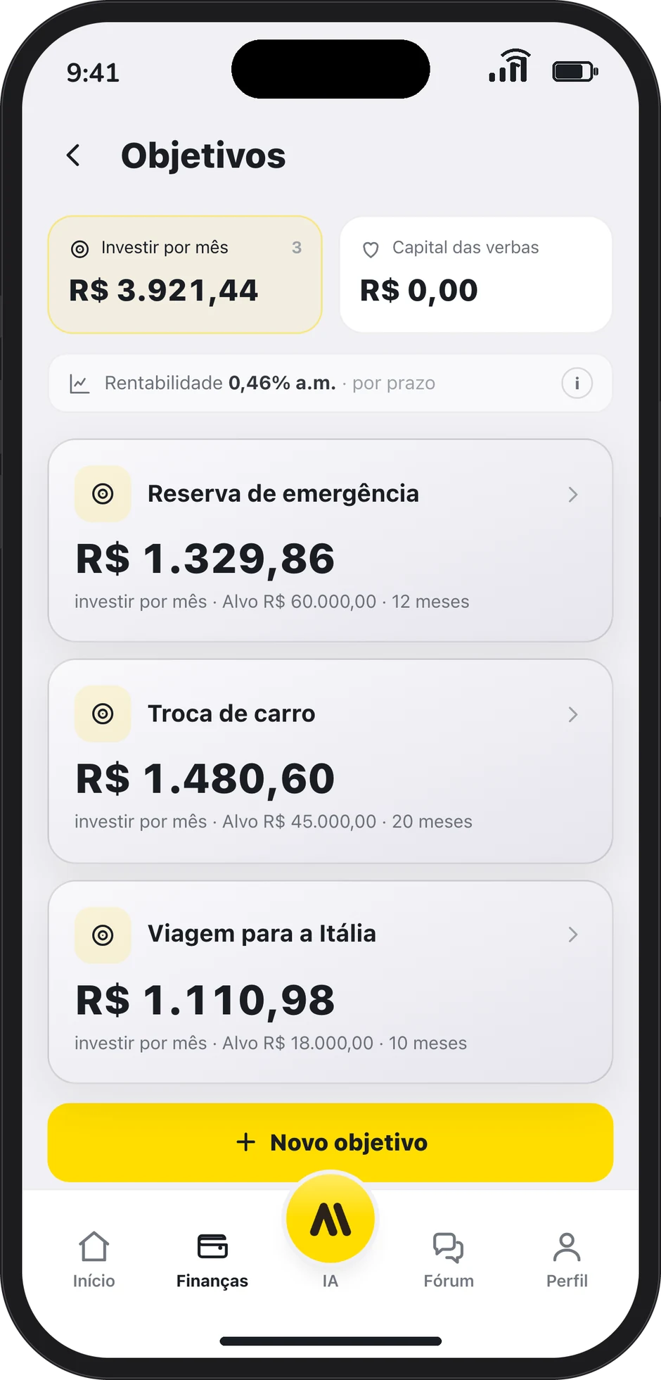 Tela de objetivos: reserva de emergência, troca de carro e viagem, com o valor a investir por mês